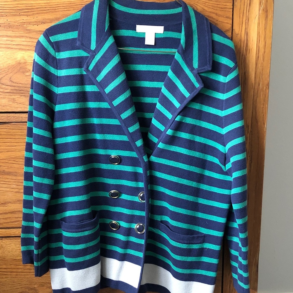 Banana Republic Navy & Teal Striped Double-Breasted Knit Blazer